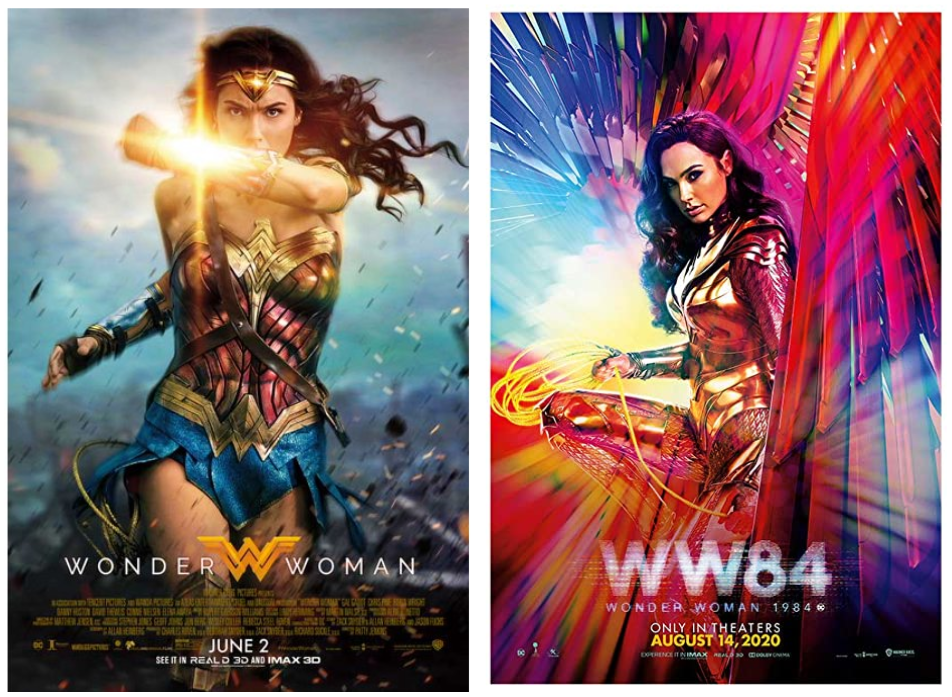 (left) Gal Gadot as Wonder Woman in the classic comic outfit on the Wonder Woman movie poster blocking bullets with the gold band on her wrist.

Gal Gadot as Wonder Woman in a gold outfit with large metal bird-like wings on the Wonder Woman 1984 movie poster.