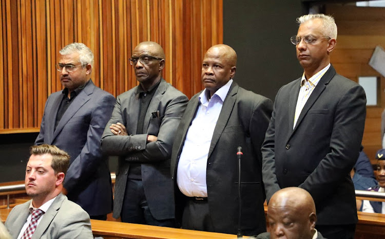 Niven Pillay, Litha Nyhonyha, Brian Molefe and Anoj Singh in the Palm Ridge magistrate's court.