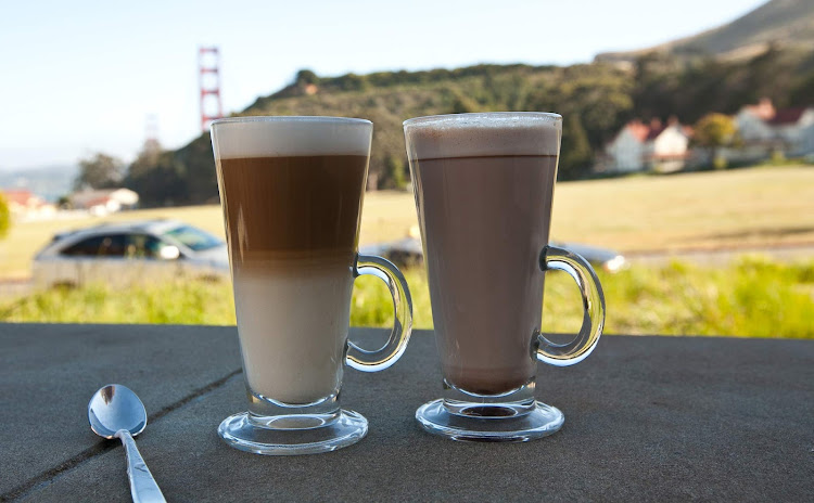 Lattes, and a great view, on a summer afternoon at Cavallo Point in Marin County.