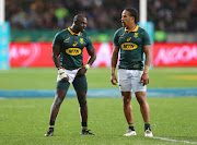 Raymond Rhule of South Africa (L) and Courtnall Skosan during the Rugby Championship match between South Africa and Argentina at Nelson Mandela Bay Stadium on August 19, 2017 in Port Elizabeth, South Africa.