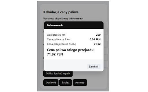 Fuel price calculation extension screenshot 2