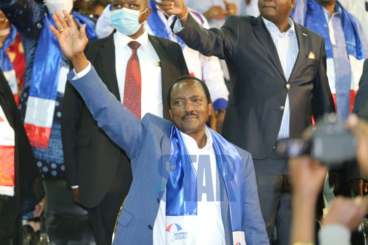 Wiper Leaders Kalonzo Musyoka waves at the crowd attending Wiper NDC at Kasarani on Nov 25, 2021.