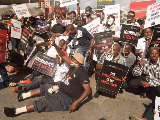 Journalist from Mombasa county demonstrate over mysterious killings of fellow journalist.Photo / JOHN CHESOLI