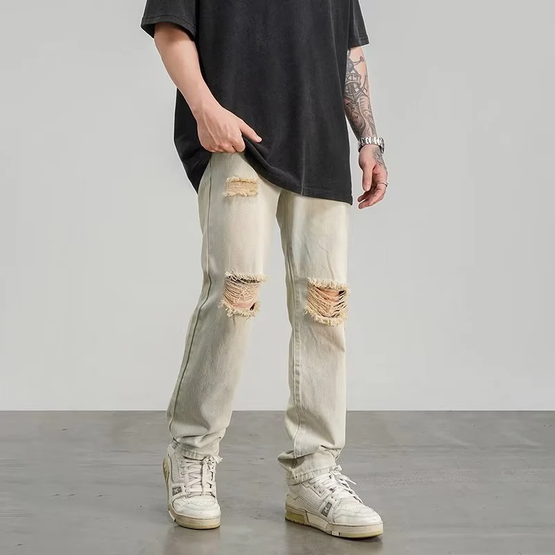 Ripped Jeans Men's Thin Yellow Mud Color Wide Leg. Comfortable and Stylish for a Modern and Casual Look. Perfect for Eve