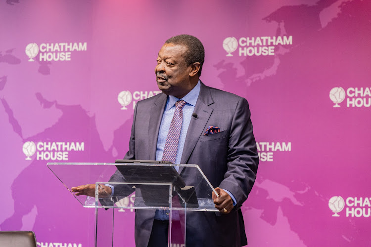 Prime Cabinet Secretary and Diaspora and Foreign Affairs CS Musalia Mudavadi speaks at the Chatham House in London on December 8, 2023.