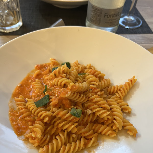 Gluten-free pasta in red pesto sauce