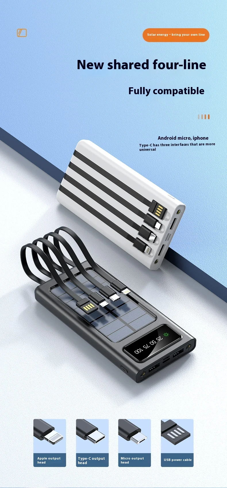 Portable solar power battery for mobile phones, four-wire with cable, charge your phone anywhere, anytime, clean energy,