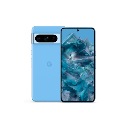 The front and back of Pixel 8 Pro in Bay. The front display shows a cloud of colours.