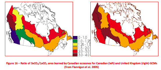 Images illustrating current area lost as a result of forest fires (left) and the future area lost by fire at the conclusion of the 21st century (right). The most significant losses are in the boreal and taiga regions of the country