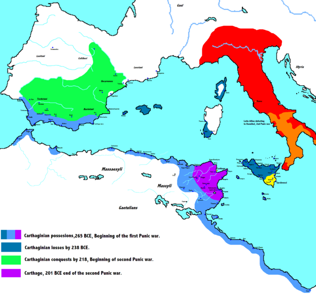 Map of the declining Carthaginian empire over the course of the Punic Wars.