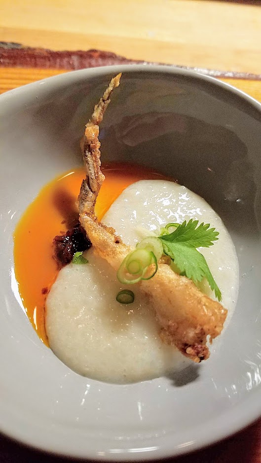 Langbaan Chefs Who Inspire Dinner with Edouardo Jordan of Salare and Junebaby, a collaboration with Chef Earl Ninsom of Langbaan to benefit Farestart. This is one of three snacks, final snack of a Thai twist on Chef Edouardo's Shrimp and Grits with soft shell crab and grits and XO chili jam