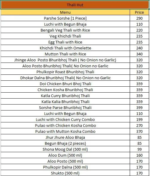 Thali Hut menu 