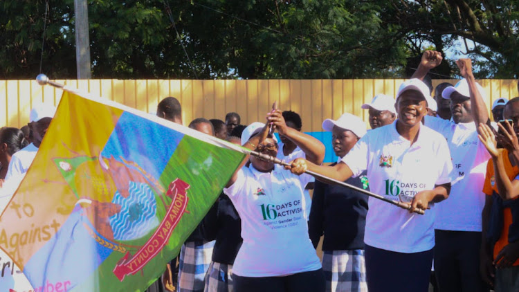 Homa Bay executive for Gender &Youth Affairs Sarah Malit flags off the 16 days activism of GBV against women and girls in Homa Bay town on November 27,2023