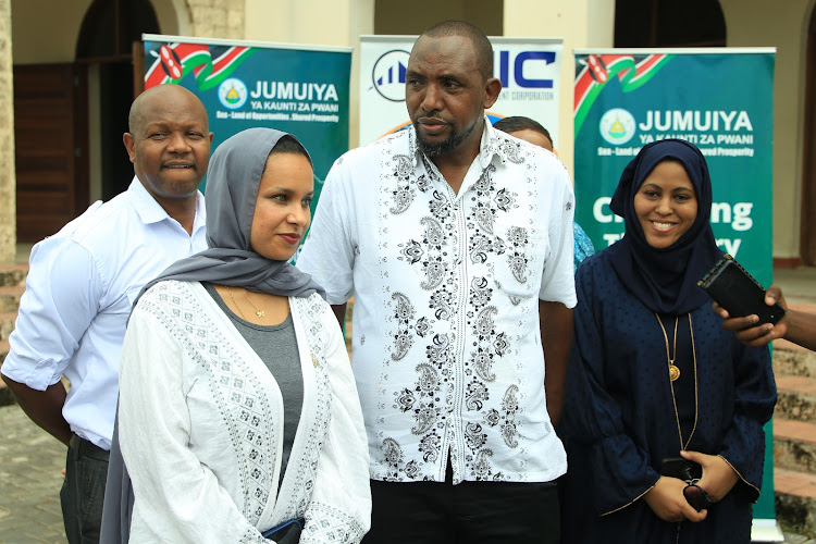 (From left): The Mombasa Investment Corporation CEO Sahale Bawazir, the Jumuiya ya Kaunti za Pwani (JKP) CEO Emmanuel Nzai and the Mombasa county CECM in the department of tourism and trade Mohammed Osman and during a presser at the Mama Ngina Waterfront in Mombasa