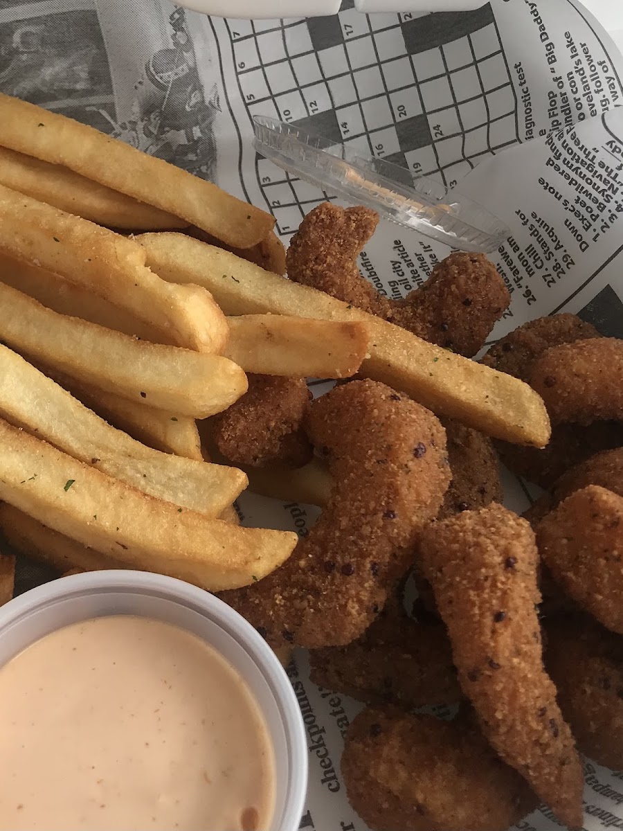 Amazing place! We’re been going to City Cafe regularly for months now and highly recommend it for celiac safety + great food. Great sandwiches, specials and treats! GF Fried Shrimp special in photo.