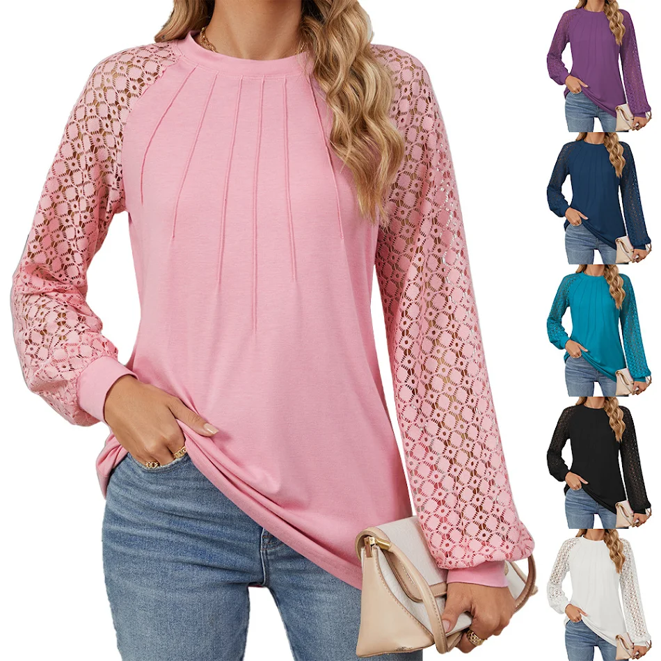 Nieuwe kanten dames T-shirt met lange mouwen en ronde hals, los, effen kleur, pullover top, mode kleding.