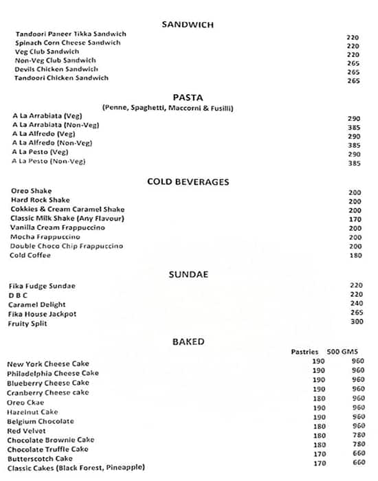 Fika Coffee House menu 