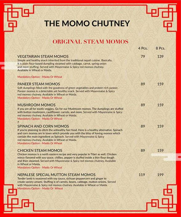 The Momo Chutney menu 