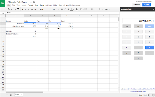 Screenshot of GSheets Calc