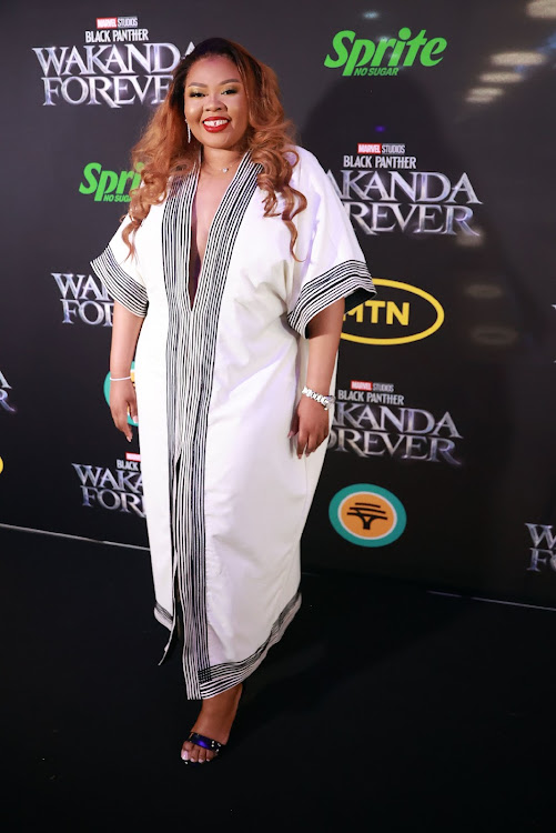 Anele Mdoda at the premiere of Marvel Studios Black Panther: Wakanda Forever at Ster Kinekor, The Zone Rosebank Mall in Johannesburg.