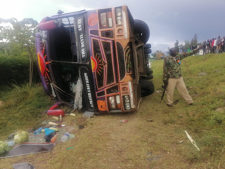 The Climax Bus that rolled near Muhoroni on Saturday injuring at least 20 passengers.