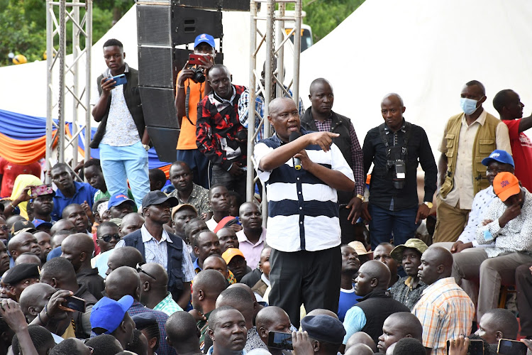 Governor Sospeter Ojaamong speaking at Acunet Stadium in Malaba on March 25, 2022 during the tour of ODM leader Raila Odinga in Teso North.