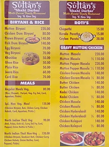 Sultan's Shahi Darbar menu 