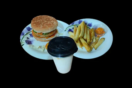 Cold Coffee With Aloo Tikki Burger And French Fries