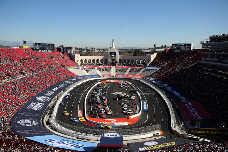 A general view of the last chance qualifying race prior to the NASCAR Cup Series Busch Light Clash at the Los Angeles Memorial Coliseum on February 6 2022 in California.