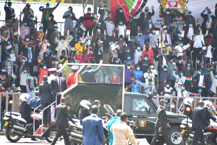 President Uhuru Kenyatta arrives at Jomo Kenyatta International Stadium in Mamboleo, Kisumu, for Madaraka Day celebrations on June 1, 2021.