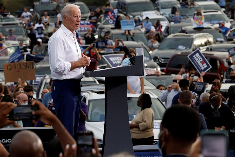 Democratic US presidential nominee and former Vice President Joe Biden speaks during a drive-in campaign stop in Atlanta, Georgia, US, on October 27, 2020.