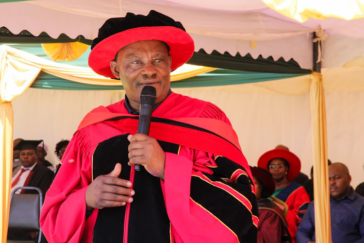 Attorney General Justin Muturi speaking during the graduation ceremony of the proposed Kenyan Anglican University at the ACK Mbeere learning centre in Embu County on Friday 12, April 2024.