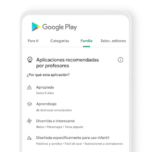 Un teléfono en el que aparece la pestaña Kids de Google Play con contenido aprobado por profesores.