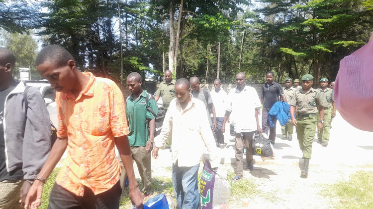 A section of the 65 cult leader Paul Mackenzie followers arrive at Shanzu Law Courts Thursday.