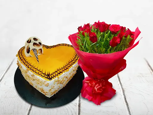 Butterscotch Heart Shape Cake With 10 Red Rose Bunch