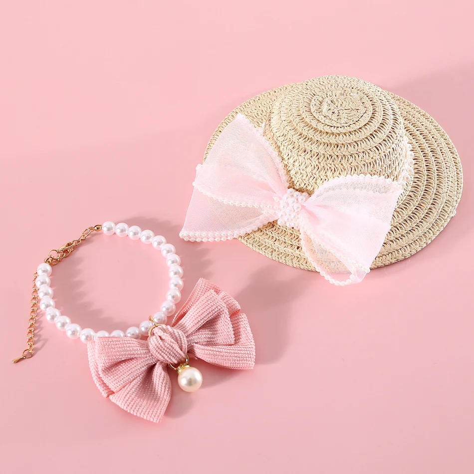 Pet Cat Lady Straw Hat Pearl Bow Woven, ideal for sunny days. Provides sun protection and expresses your cat loving styl