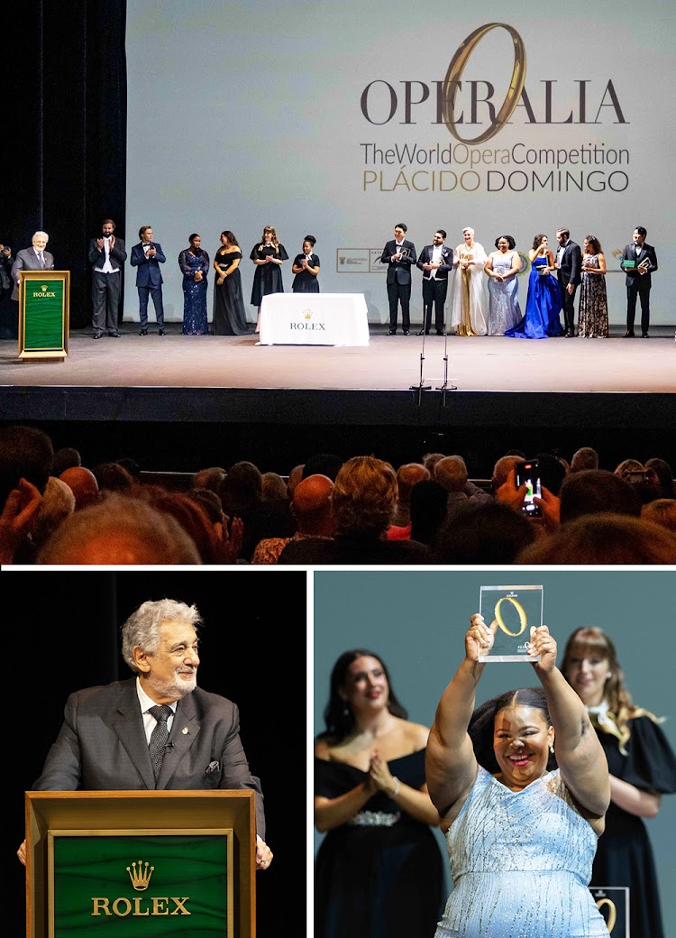 Above: All the winners together on stage on the last night of Operalia. Bottom left: The famous Spanish tenor Plácido Domingo, founder of Operalia. Bottom right: Nombulelo Yende with the prestigious CulturArte prize.