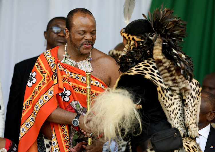 King Mswati III congratulates king Misuzulu KaZwelithini at the ceremonial handover of the certificate of recognition to Zulu King Misuzulu kaZwelithini by President Cyril Ramaphosa at Moses Mabhida Stadium in Durban.