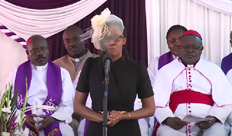 General Francis Ogolla's daughter Lorna Achieng making her speech during the burial service at Senator Obama K'Ogello Primary school in Siaya on Sunday, April 21, 2024.