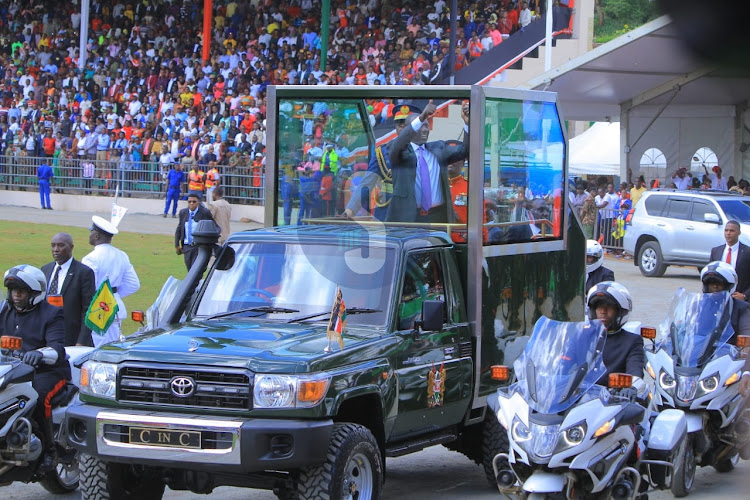 President William Ruto inspecting guard of honour at Moi Stadium during Kenya's 60th Madaraka Day celebrations on June 1, 2023