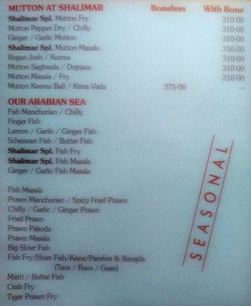 Shalimar Restaurant menu 