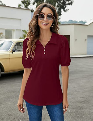 Title 5, Polo Shirt Button Down Neck Puff Sleeve Loose T...