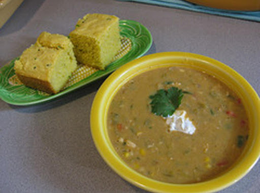 Yum!  White Bean Chicken Chili with Cilantro Cornbread and Green Chile Sour Cream!