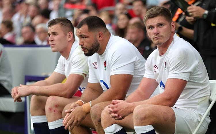 Owen Farrell, the England captain, right, sits in the sin bin with team mates Ellis Genge and Freddie Steward during the match between England and Wales at Twickenham Stadium in London, England, August 12 2023. Picture: DAVID ROGERS/GETTY IMAGES