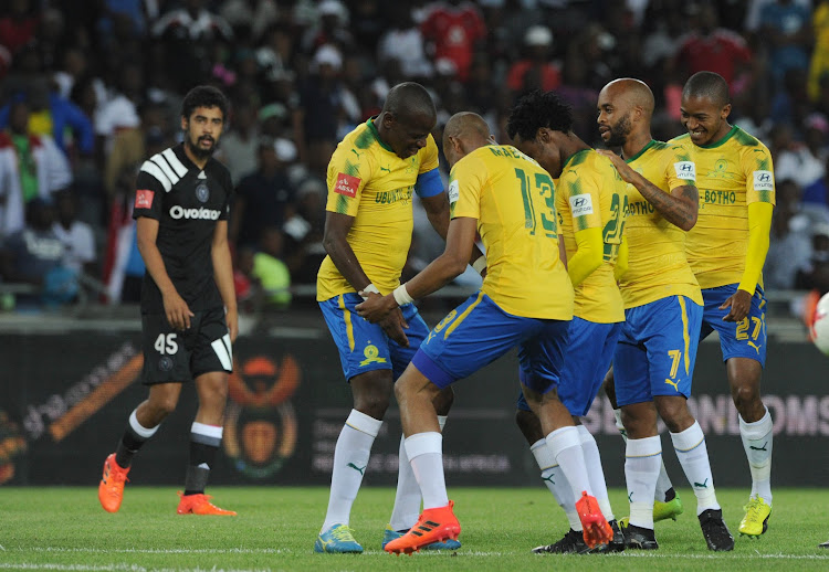 Hlompho Kekana of Mamelodi Sundowns celebrates a goal during the Absa Premiership match between Orlando Pirates and Mamelodi Sundowns on 01 November 2017 at Orlando Stadium.