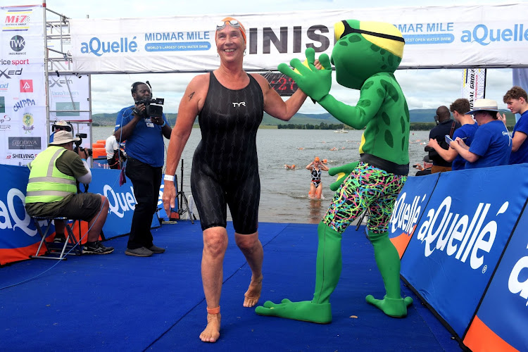 Gail Bristow at the finish of her 49th Midmar Mile in 2023. PIcture: ACTION PHOTO SA