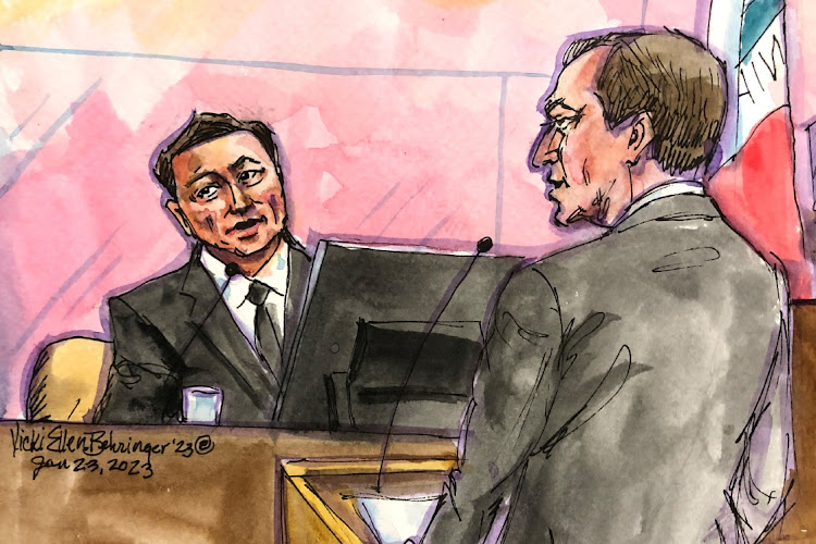 Tesla CEO Elon Musk is questioned by the investors' attorney Nicholas Porritt in San Francisco, California, the US, January 23 2023 in this court sketch. Picture: VICKI BEHRINGER/REUTERS