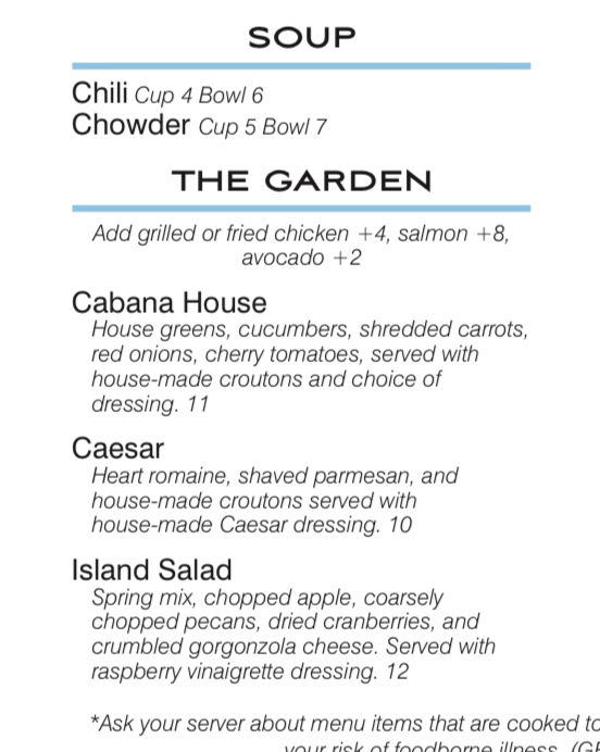 Cabana Blue Lakefront Sports Bar & Grill gluten-free menu