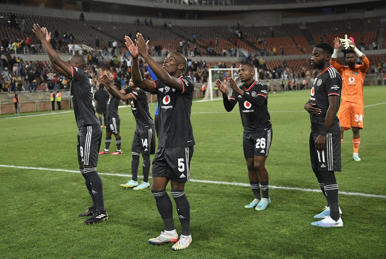 Orlando Pirates celebrate winning on penalties in their Nedbank Cup quarterfinal against Dondol Stars at Peter Mokaba Stadium in Polokwane on April 15 2023.