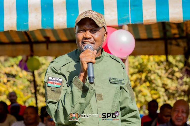 Public service CS Moses Kuria making a speech in Nyamira county while on a tour of the NYS and Vocational Training Centres Mashinani programme on March 22, 2024.